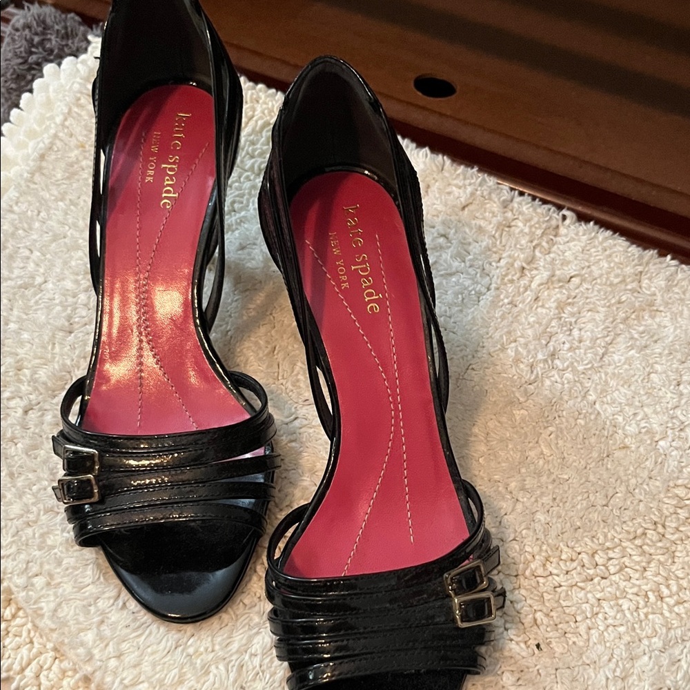 kate spade Black Patent Leather Peep-Toe Heels with Pink Insole